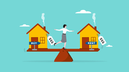 buy or rent, making decision for owning property and real estate, businesswoman standing on seesaw confuse to choose to buy or rent a house home apartment concept vector illustration