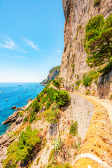 Via Krupp on Capri island in Italy. Faraglioni Rocks, Marina Piccola and Monte Solaro on Capri Island, Italy