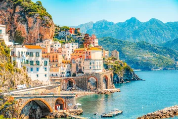 Fototapete Neapel Atrani famous coastline in southern Italy, vertiginous cliffs adorned with colorful villages, turquoise waters. Small town Atrani on Amalfi Coast in province of Salerno, Campania region, Italy  © Zedspider