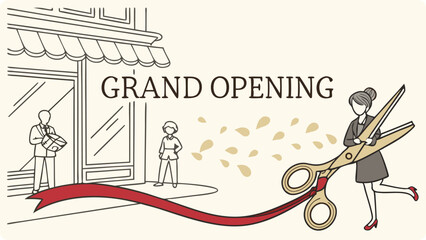 Illustration of a woman cuts a red ribbon with large scissors at a grand opening of a new store