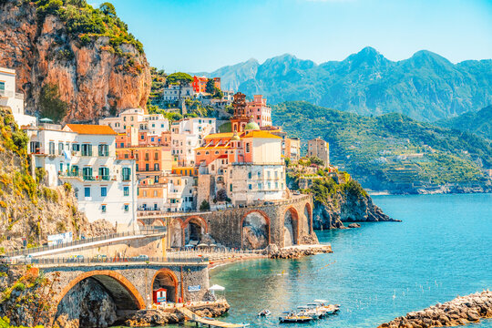 Atrani famous coastline in southern Italy, vertiginous cliffs adorned with colorful villages, turquoise waters. Small town Atrani on Amalfi Coast in province of Salerno, Campania region, Italy