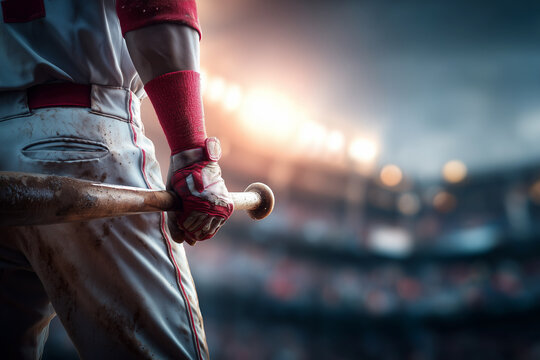 A baseball player holding a bat in a stadium. The player is wearing a red glove and a white uniform. The stadium is filled with people watching the game