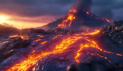 Dramatic volcanic eruption spewing molten lava across a desolate landscape, creating a captivating display of geological power and natural beauty