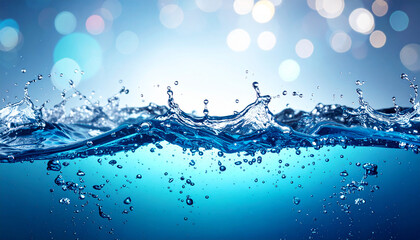 Detailed front view of the movement of cool water with splash and foam on a bright background.
