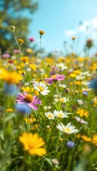 Obraz premium Field of wildflowers in bloom under a bright blue sky