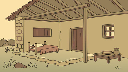 Poor mud home room interior cartoon backdrop pictures, village room inside vector