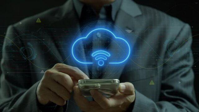 Technology data transformation concept. Businessman shows cloud computing icon for download and upload database of business. Global internet connection, digital marketing, Financial and big data.