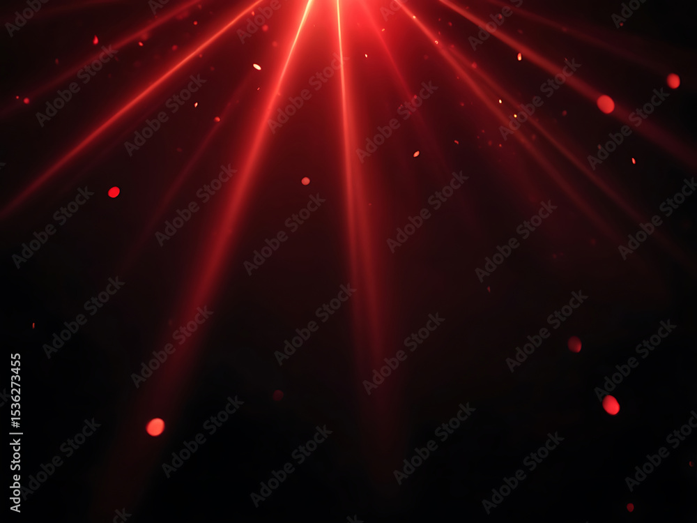 Poster glowing red abstract background with light rays and sparkling particles, modern dark design texture,