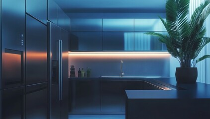 A Luxurious Kitchen Interior Bathed in Moody Blue Illumination