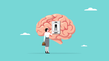 Turning off brain to relieve stress or problems, relaxation to relieve anxiety from your brain, Reduce stress concept, stress management, woman turning off the switch in the human brain concept