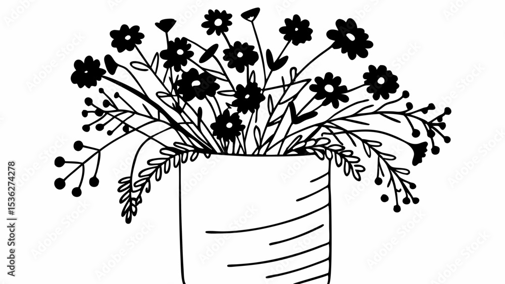 Poster black and white drawing of a flower arrangement in a vase with many flowers and leaves in a simple s
