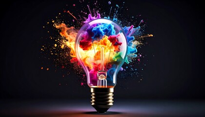 Colorful lightbulb exploding with vibrant paint