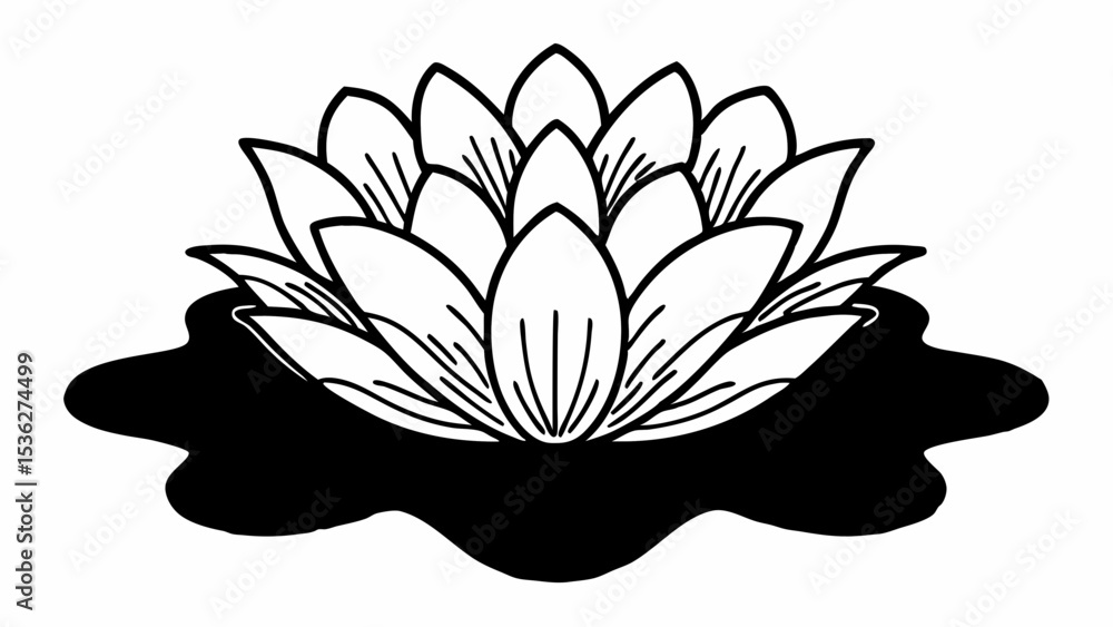 Poster illustration of a lotus flower with detailed petals floating on a dark water surface design element 
