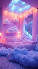 A dreamy pastel bedroom floating in the clouds, glowing soft lights, plush pillows, magical atmosphere, vaporwave colors, fantasy concept.