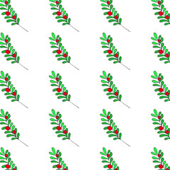 Seamless pattern with hand-drawn green leaves and red berries. Perfect for Christmas, winter, or festive projects