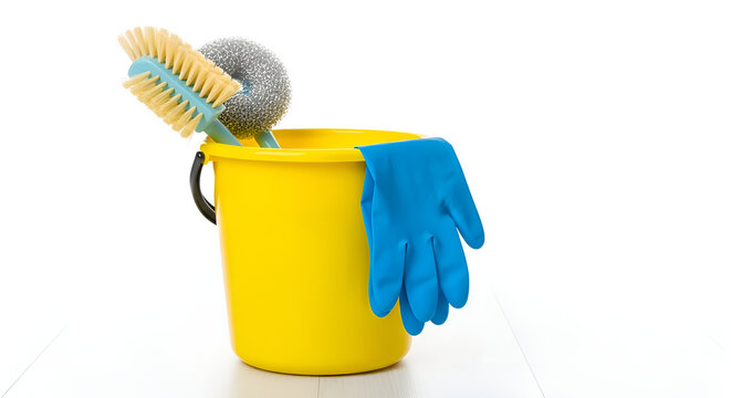 Yellow plastic bucket with scrub brush and cleaning gloves, isolated on white floor