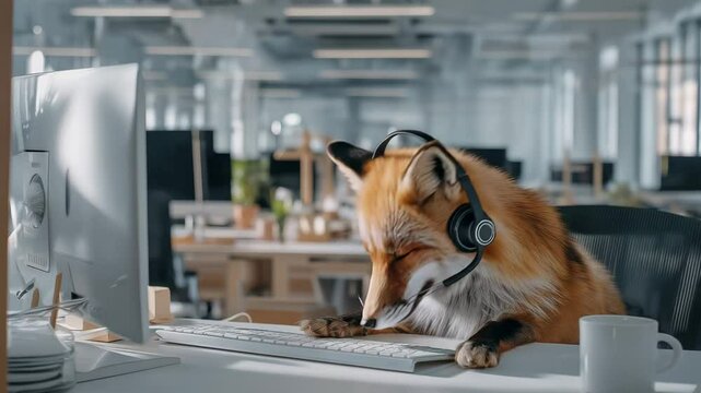 Fuchs mit Headset am Schreibtisch im Callcenter. K&uuml;nstliche Intelligenz KI