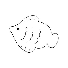 Simple hand-drawn fish illustration in black and white. A cute cartoon-style fish outline, ideal for children's coloring books, ocean-themed designs, or learning materials.
