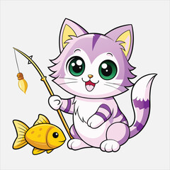 Cartoon cat fishing with a golden fish and fishing rod