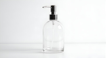 Minimalist hand soap dispenser made of glass and chrome, centered on a white surface