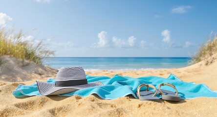 Obraz premium Beach Relaxation: Hat, Towel, and Flip-Flops
