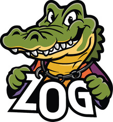 Cartoon alligator holding zog sign with chain and clothing