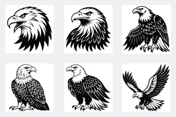 Collection of eagle illustrations in black and white style