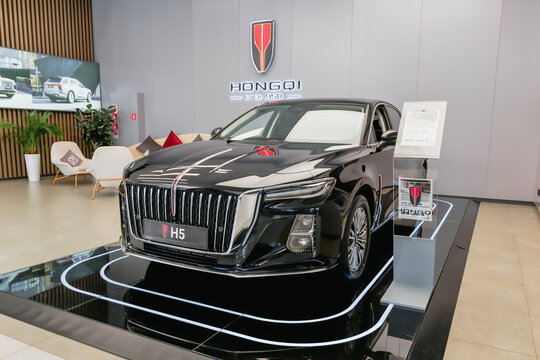 Almaty, Kazakhstan - June 11, 2025: Black car Hongqi H5 in a car dealership