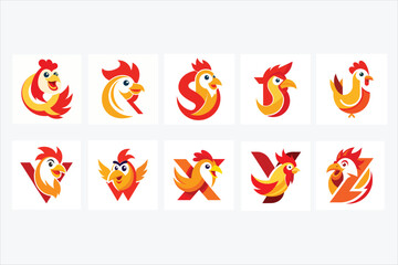 Collection of ten stylized rooster logo designs on white
