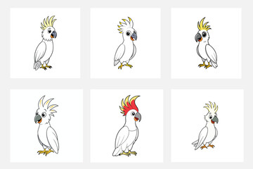 Six cartoon cockatoos with varying crest colors on white