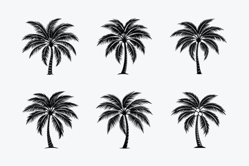 Six palm tree silhouettes arranged on a white background
