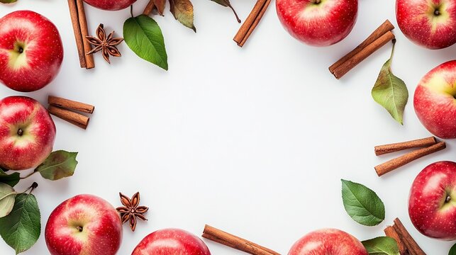 Red apples, cinnamon sticks, star anise, and leaves arranged in a circle around a white background