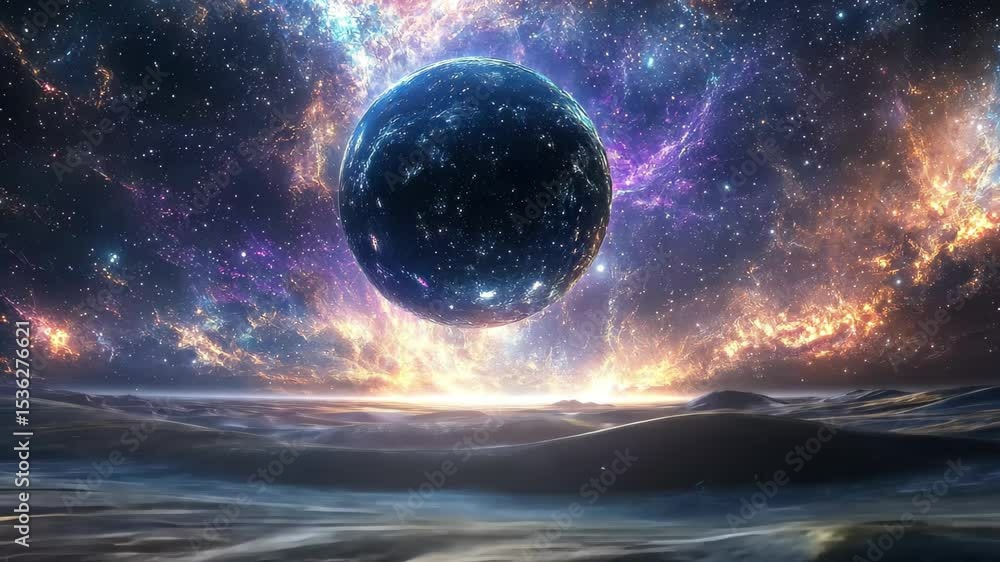 Poster exploring distant galaxies in vibrant star fields with a luminous planet, traveling through star fie