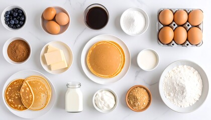 Overhead composition of pancake essentials styled neatly, warm kitchen mood