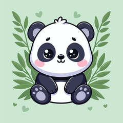 Cartoon panda sitting with leaves on a light green background