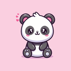 Cartoon panda bear sitting with hearts on a pink background
