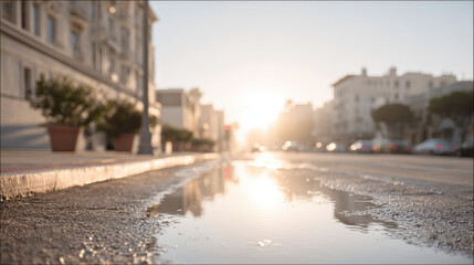Fototapeta premium serene urban morning scene where suns rays pierce through gentle haze illuminating streets