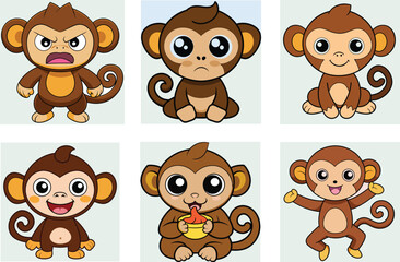 Collection of cartoon monkeys with different expressions