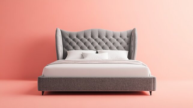 A modern grey upholstered bed with a tufted headboard and white bedding is set against a soft pink wall, creating a minimalist and stylish bedroom look.