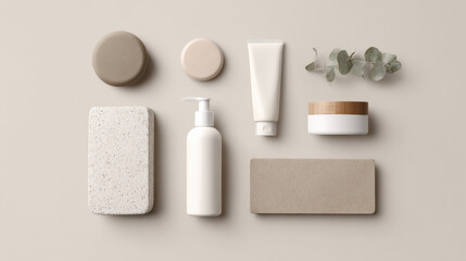 Minimalist clean cosmetic layout featuring neutral color packaging, showcasing various skincare products arranged aesthetically with natural elements. serene composition evokes sense of calm