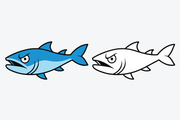 Two cartoon fish one blue and one black and white outline