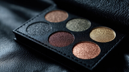 Fototapeta premium Creative flat lay featuring metallic eyeshadow palette with six shimmering shades, resting on textured black surface, evokes sense of elegance and artistry