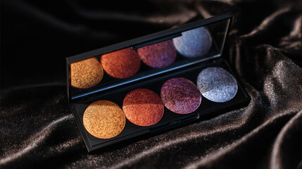 Vibrant metallic eyeshadow palette opened to reveal rich colors, showcasing shimmering shades of gold, orange, and purple, perfect for creating stunning makeup looks