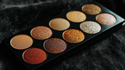 Vibrant eyeshadow palette featuring warm metallic tones, showcasing variety of shimmering shades perfect for creating stunning makeup looks. rich colors evoke sense of creativity and elegance