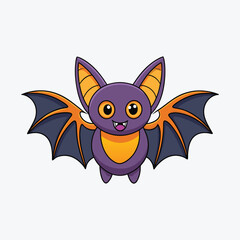 Cartoon purple bat with orange wings on a white background