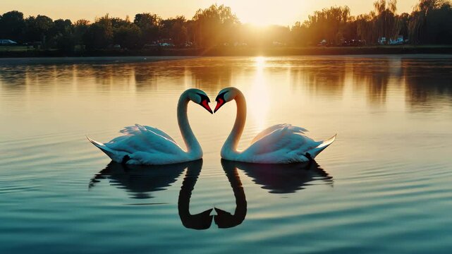 Swans create a heart shape on the tranquil lake during a beautiful sunset, two swans on lake make love shape in romantic moment video in background