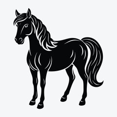 A black horse standing with a flowing mane and tail art