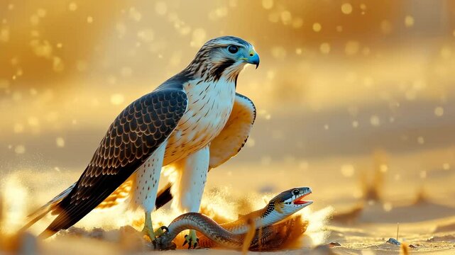 Falcon standing sandy desert ground with wings spread, holding snake its talons, golden sunlight and dust particles create dramatic wildlife scene, showcasing predator and prey interaction