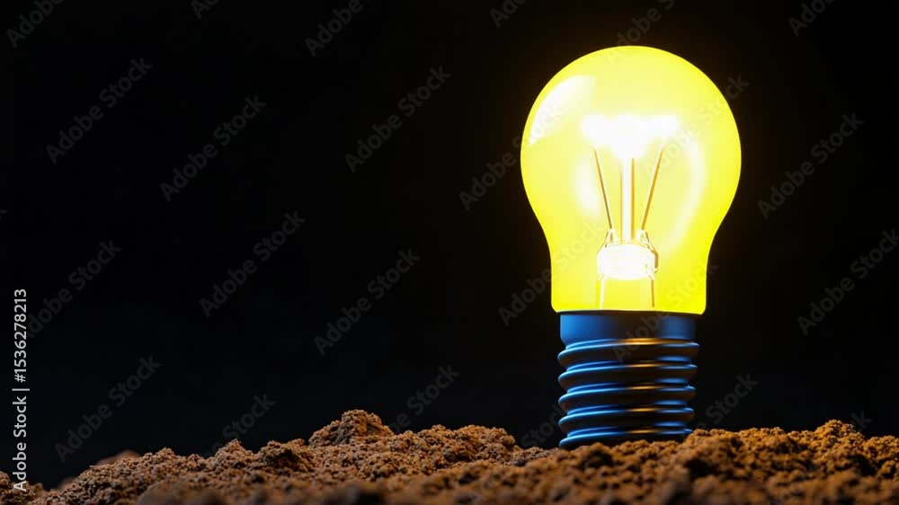 Poster glowing lightbulb in soil: a glowing lightbulb stands in soil, symbolizing ideas sprouting from the 