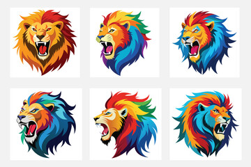 Six colorful lion heads roaring on a white background art